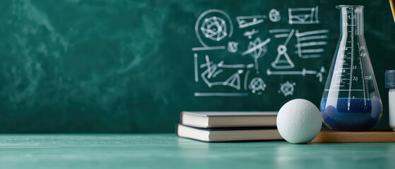 Laboratory setup with glassware, chalkboard, and science books
