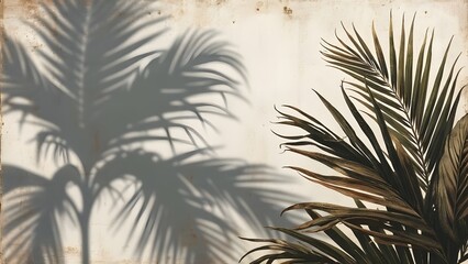 Obraz premium Abstract Expressionist Palm Fronds Shadow Art, Weathered Elegance, Tropical Mysticism, Dark Silhouette on Textured White Background