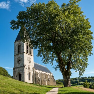 Top-down view of Ronchamp chapel and tree.