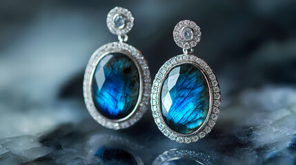 Labradorite earrings with oval cuts framed by diamond studded silver. Labradorite. Illustration