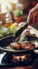 Sizzling steak cooking in a pan with fresh herbs. A hand holds tongs, flipping the meat. The kitchen atmosphere is warm and inviting, perfect for home cooking.