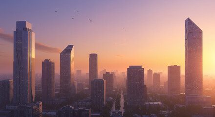 Fototapeta premium Stunning Sunrise Cityscape: Modern Skyscrapers at Golden Hour