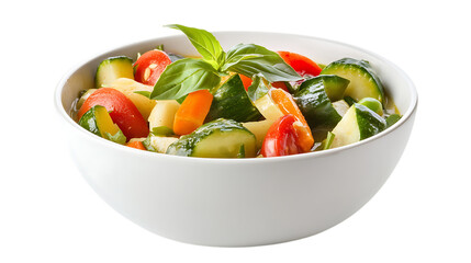 Bowl of flavorful Thai green curry with fresh vegetables and herbs, placed on a clean white background, highlighting its vibrant colors and rich texture