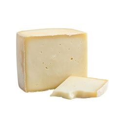 Block of Swiss cheese with a sliced portion on a white background, focusing on its delicate texture...