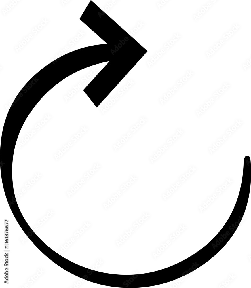 Poster bold black curved arrow pointing right, creating a semi circle and representing forward movement, pr