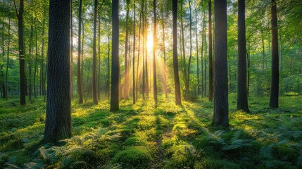 Obraz premium Sunlight Breaking Through Trees in a Lush Green Forest, Creating a Magical Atmosphere with Rays of Light Dance on the Ferns, Inviting Nature Lovers to Explore.