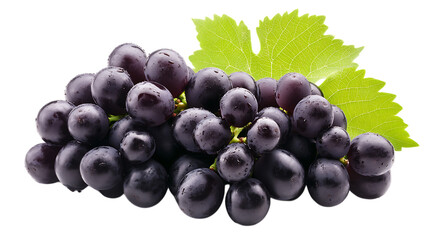 Bunch of fresh black grapes on a clean white background, showcasing their rich color and natural shine for a healthy and vibrant fruit display