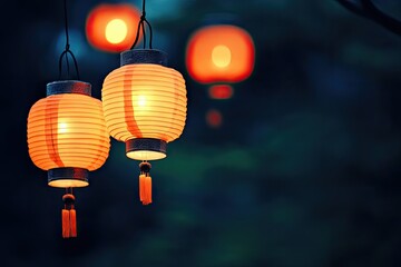 Obraz premium Red lantern on a tree and bokeh lights background. Chinese lanterns during new year festival. Chinese New Year. Lunar New Year 2025 Year of the snake banner with copy space 