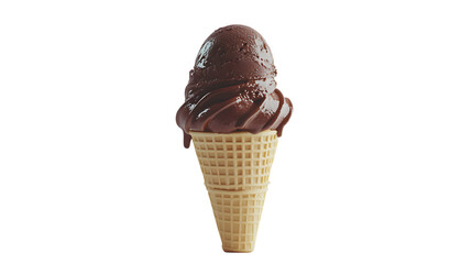 Chocolate ice cream cone with a rich, creamy scoop on top, placed on a clean white background, highlighting the delicious texture and indulgent treat