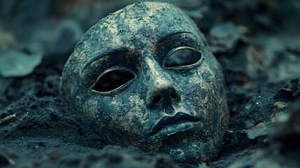 Shame: An Intricately Designed Mask Half-Buried in Shadowy Debris, Evoking the Weight of Lost Emotions and Hidden Guilt