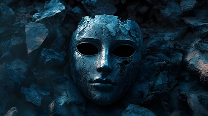 Shame: Exploring the Depths of a Dimly Glowing Mask Hidden Beneath Dark Rubble, Revealing Stories of Despair and Lost Identities