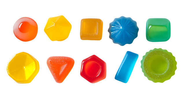 Colorful gummy candies in various shapes and bright hues arranged on a clean white background, creating a fun and playful candy display