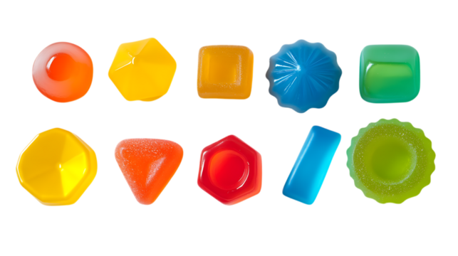 Colorful gummy candies in various shapes and bright hues arranged on a clean white background, creating a fun and playful candy display