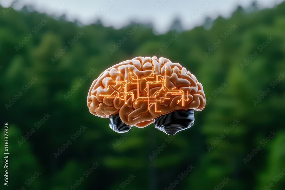 Poster close up of floating brain with intricate circuitry, symbolizing intelligence and technology in natu