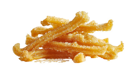 Crispy churros coated in sugar on a clean white background, showcasing their golden texture and sweet coating for a tempting and delicious treat