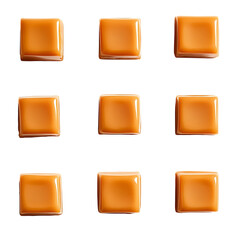 Delicious caramel squares displayed on a pristine white background, focusing on their smooth,...