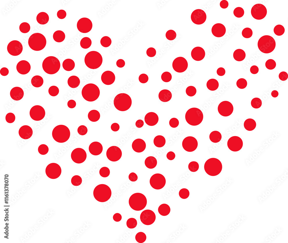 Poster red polka dots in varying sizes create a heart shape against a crisp white background, forming a sim