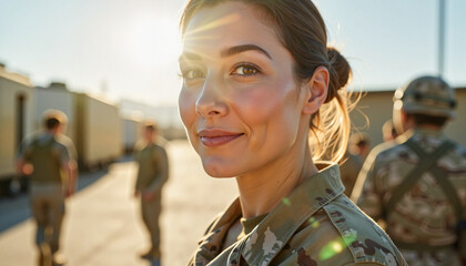 Fototapeta premium Confident female soldier smiling in military environment