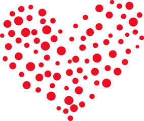 Red polka dots in varying sizes create a heart shape against a crisp white background, forming a simple yet eye catching design that symbolizes love and romance