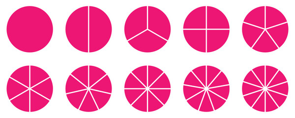 Pink segmented donut chart icons showing circle divided into equal parts. Great for pie chart design, statistics, infographics, business reports, data analysis, or process diagrams. Icons, vector.