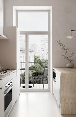 Scandinavian classic kitchen with wooden and white details, minimalistic interior design 3d illustration