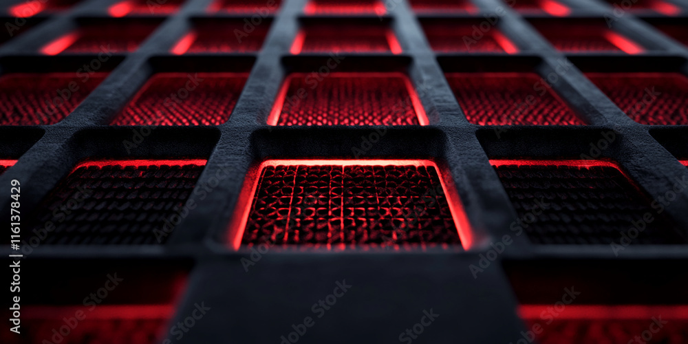 Poster close-up of futuristic red and black grid with glowing led lights. gamer background