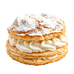 Delicious cream puff cake with flaky layers and a creamy center on a plain white background, perfect for emphasizing its rich texture