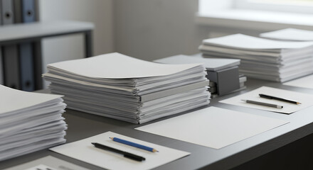 Stacks of Paper Documents on Office Desk with Pens and Pencils