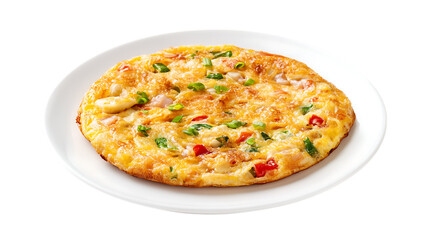 Delicious omelette on a white plate, with a golden, fluffy texture and savory filling, placed...