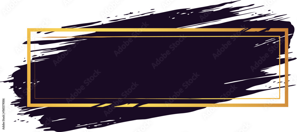 Poster golden rectangular frame with double contour over horizontal dark paint strokes creating a blank ban