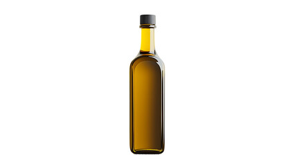 Elegant olive oil bottle with a sleek design and golden liquid, placed on a clean white background for a refined look