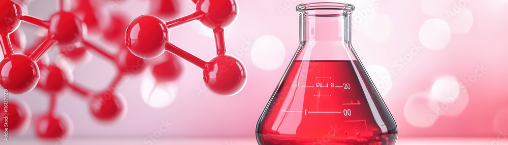 Poster close up of laboratory flask filled with red liquid, surrounded by molecular structures, creates vib