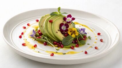 Minimalist presentation of a vibrant salad with fresh ingredients and edible flowers on a simple white plate