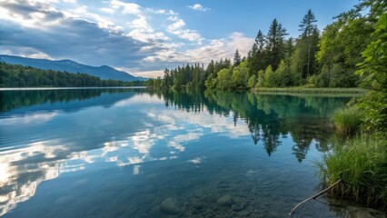 Fototapeta premium Serene mountain lake with forest reflections under a cloudy sky