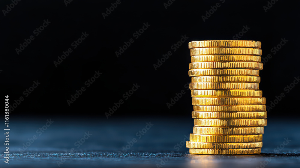 Poster close up of neatly arranged stack of golden coins on dark surface, symbolizing wealth and prosperity