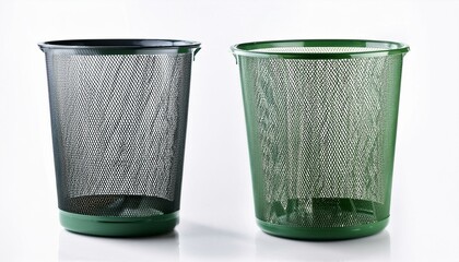 Green and black mesh trashcans isolated on a white background
