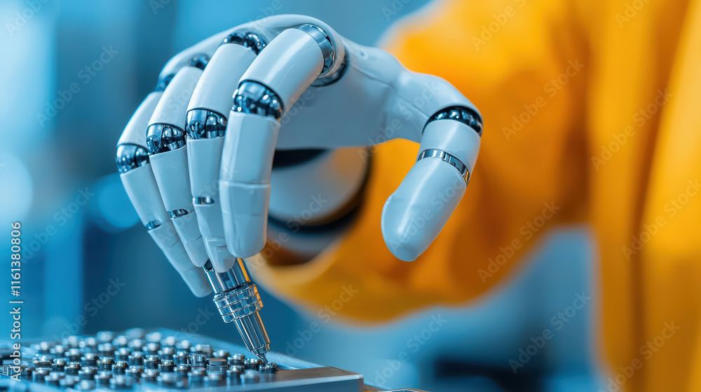 Poster robotic hand performing precision tasks with pen on device, showcasing advanced technology and autom