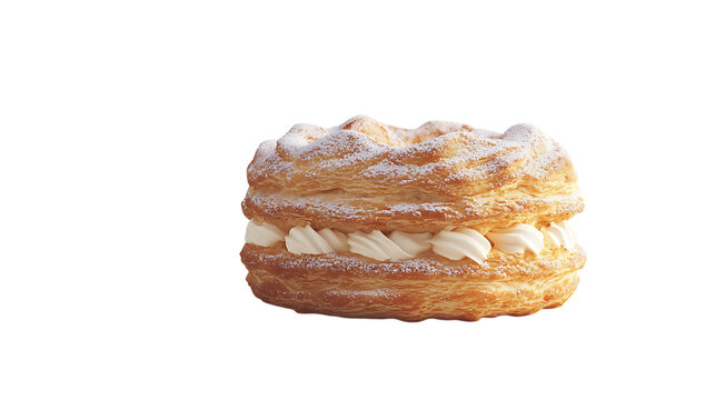 Freshly baked cream puff cake with golden puffed layers, placed on a clean white background, highlighting its delicate texture and creamy filling