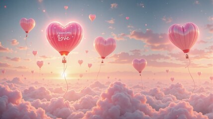 Pink heart-shaped hot air balloons floating above soft clouds during sunset
