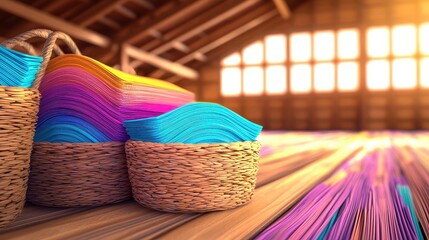 Obraz premium Colorful Paper Stacks in Woven Baskets Rustic Barn Setting