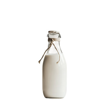 Glass bottle of fresh, creamy milk placed on a plain white background, perfect for showcasing its natural, wholesome appeal