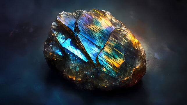 Iridescent labradorite crystal on a dark background. Labradorite. Illustration