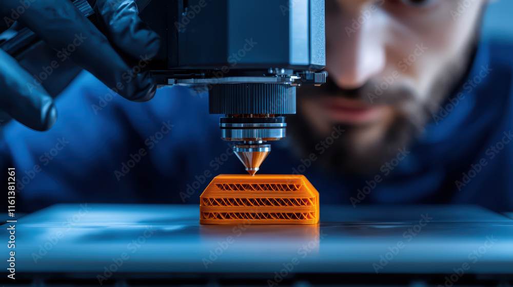Poster scientist closely monitors 3d printer creating orange object, showcasing precision and innovation in