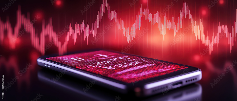 Poster close up of sleek smartphone displaying augmented reality interface with vibrant red graphics and sound wave patterns