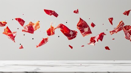 Surreal floating chicken fillet chunks  isolated culinary art with raw poultry on png background
