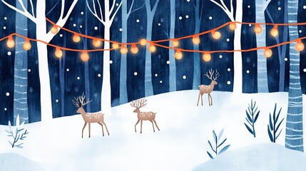 snow watercolor brushstroke concept. A snowy forest scene with deer and festive lights in a winter wonderland setting.