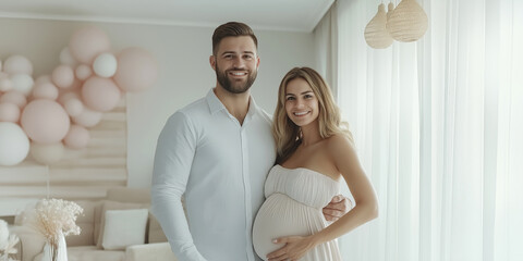 Happy, young American couple, the woman is pregnant. A married couple expecting the birth of a child stands in a modern, bright living room. Family Day. Advertising banner