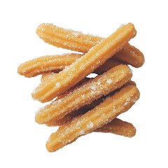 Golden, crispy churros dusted with sugar displayed on a plain white background, capturing their warm, crunchy texture and sugary appeal