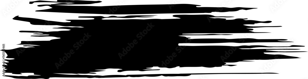 Poster wide black brush stroke creating a dynamic, textured shape on a clean white background, ideal for ad