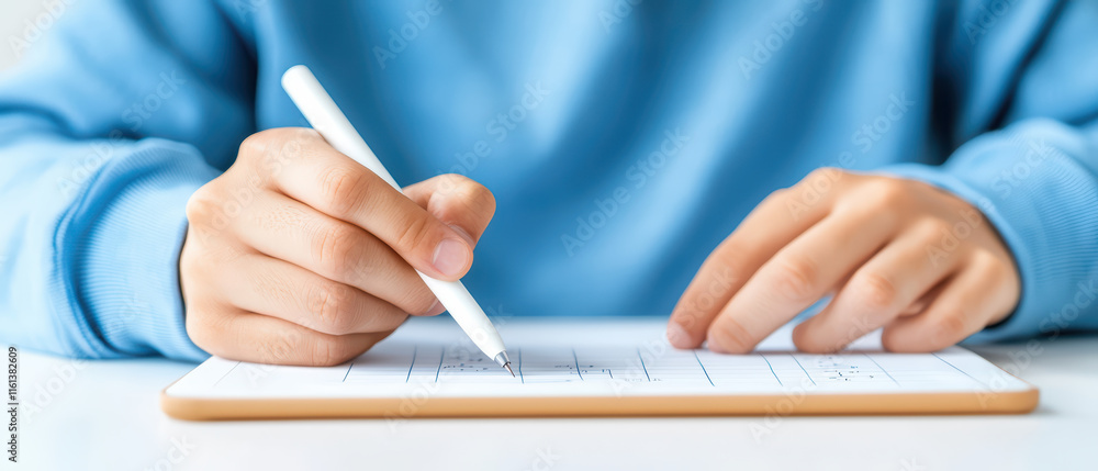 Poster student writes notes on tablet with stylus, focused on learning